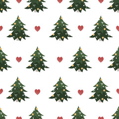 Christmas tree pattern on a white background with hearts. Trendy new year ornament for gift wrapping in flat style. Vector stock illustration