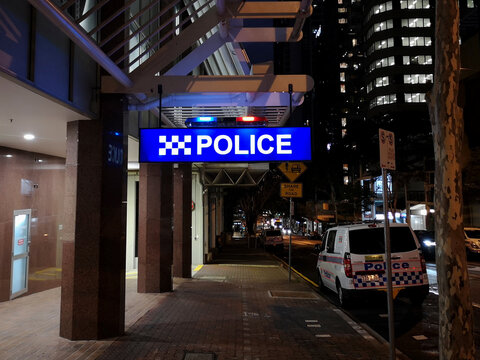 Brisbane, Australia: March 23, 2019: Police Station on Mary Street in Brisbane city at night.