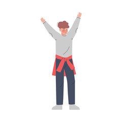 Boy Standing Hands Up, Guy with Raised Hands Having Fun, Celebrating Success, Freedom of Choice Concept Cartoon Vector Illustration