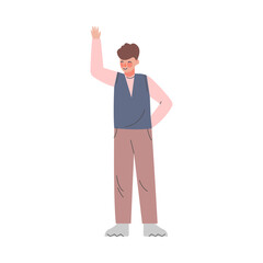 Boy Standing with Raised Hand, Teenager Volunteering, Voting, Freedom of Choice Concept Cartoon Style Vector Illustration