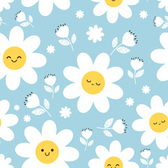 Fototapeta na wymiar Seamless pattern of daisy flower with cute face on blue background vector illustration. Pretty cartoon character.