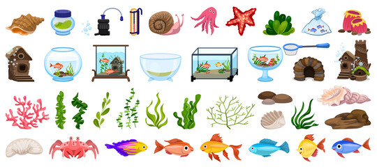 Aquarium icons set. Cartoon set of aquarium vector icons for web design