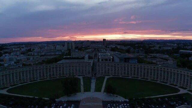 Aerial video of downtown Montpellier in France during the sunset, place de l'europe.