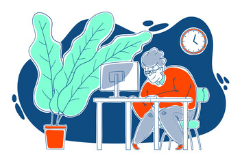 A kind, sweet, cheerful guy works hard at the computer in the office. Work in the office, deadline. Cartoon style, contour drawing in a vector.