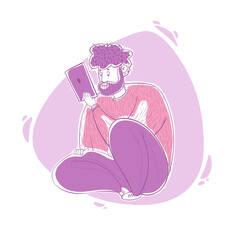 The guy works online at home. Distance work. Correspondence. Cartoon contour illustration in a vector.