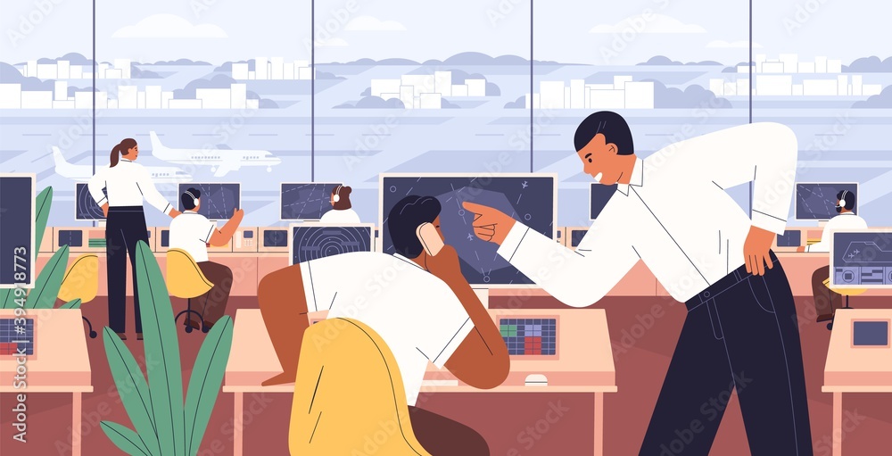 Aufkleber Team of flight management working inside airport control tower with computer navigation system. Air traffic controllers monitoring and supervising international terminal. Flat vector illustration