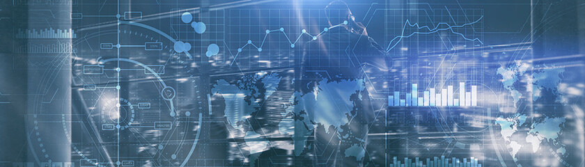 Financial dashboard with business intelligence. Background silhouettes and city.