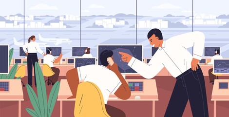 Team of flight management working inside airport control tower with computer navigation system. Air traffic controllers monitoring and supervising international terminal. Flat vector illustration