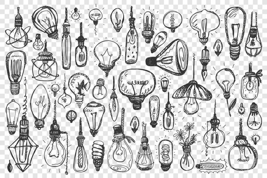 Light bulbs doodle set. Collection of fluorescent halogen miscellaneous lamps enlightment devices on transparent background. Illustration of idea and creative thinking symbols.