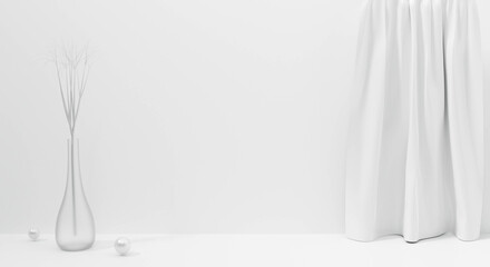 Empty white room interior background abstract with curtain stage. 3d rendering.