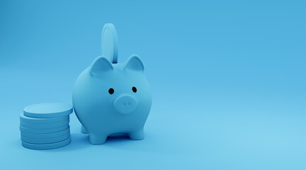 Inserting a coin into a piggy bank.3d render, illustration.