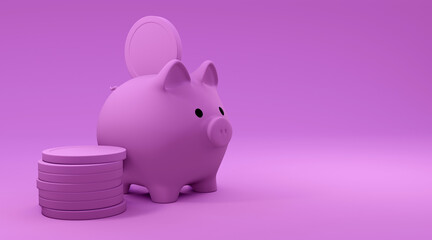 Inserting a coin into a piggy bank.3d render, illustration.