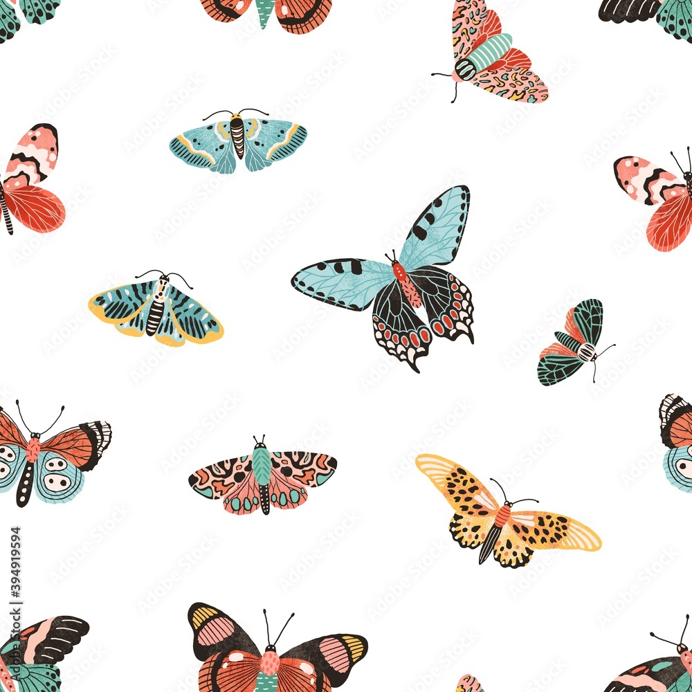 Poster seamless pattern with gorgeous flying butterflies. design for wallpaper or wrapping. backdrop with b