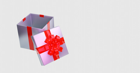 Single gift box with red ribbon on white background.