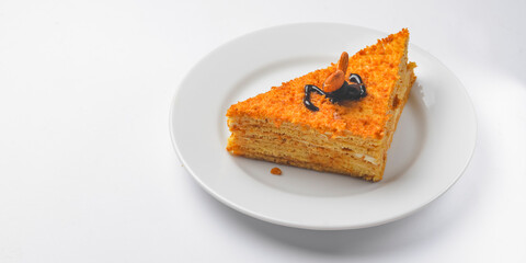 Piece of vanilla and honey cake with icing on white isolated background. Served on a white plate.