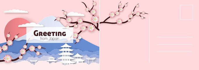 Travel postcard. Japanese card with sakura flowers, historical buildings and fuji mountain, asian letter template in paper cut style, vector invitation and greeting illustration