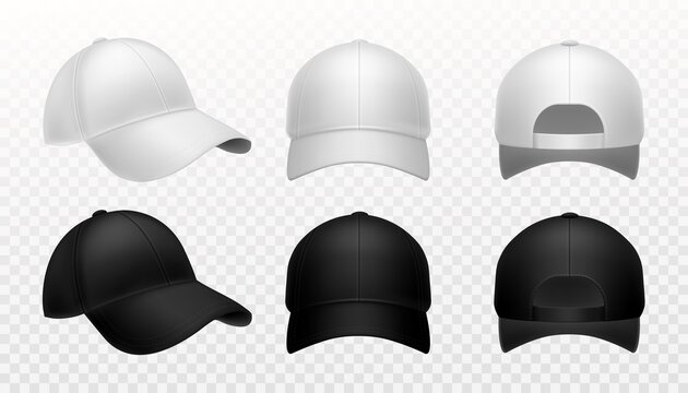Baseball cap. Realistic black and white hat mockup, front side and back view sports headwear branding template collection, empty 3d vector isolated on transparent background set