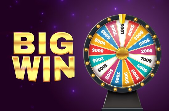 Big win banner. Realistic lottery wheel. Twisting circle for raffling prizes on starry background. Gambling and promo. Vector advertising casino or television show poster with text