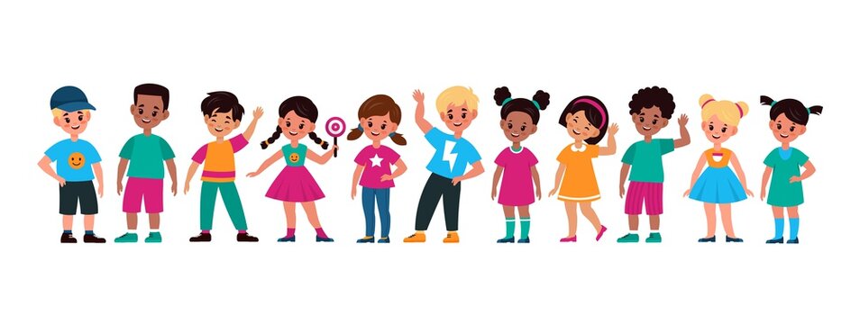 Multiethnic kids. Smiling preschool cute children boys and girls, standing in line teenagers friends group raising hand collection vector cartoon characters of various races