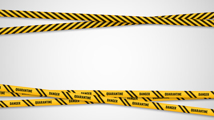 Warning yellow ribbons. Dangerous stripes banner, attention quarantine safety warning tapes frame, caution obstruction, forbidden cross area, virus zone vector horizontal background