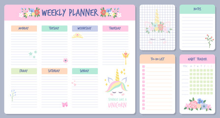 Weekly planner. Calendar days organizers with cute unicorn animal for schedule list. Agenda, reminder and checklist, important date, daily routine organization for girls vector template