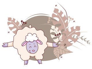 Pets yoga time. A cute lamb is engaged in fitness, stands in an asana, raised its hind hooves. Vector illustration on decorative background with tropical leaves and decor. Funny character sportsman 
