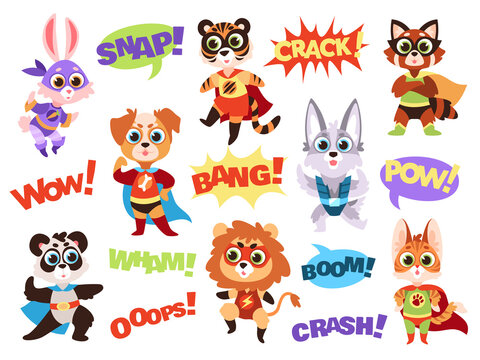 Superhero animals. Funny kids zoo heroes with capes and masks, comic whoops speech bubbles, lion and wolf, dog and tiger, panda and raccoon. Vector characters in comics costume isolated set