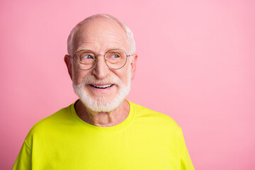 Close up portrait of handsome person look empty space eyewear lime outfit isolated on pink color background