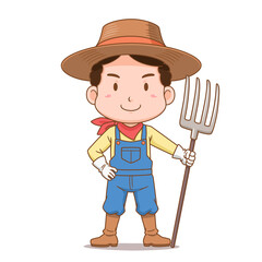 Cartoon character of farmer holding rake.