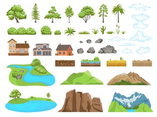 Landscape elements constructor. Natural compatible objects, mountains or clouds, soil types and stones. Plants of temperate and tropical climates, shack or modern houses, vector set
