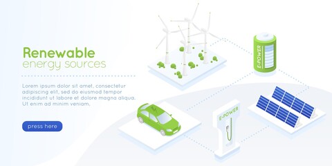 Isometric green energy landing page. Distribution alternative renewables electricity sun battery panel and windmill, power supply generation, save environment concept vector banner