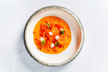 salmon ceviche on the white background.