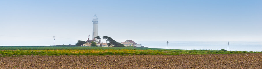 Fototapeta na wymiar Pigeon point lighthouse on a cliff edge. California Highway 1. Coast of California, Big Sur. Agriculture.