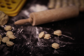 modeling dumplings, homemade dumplings, cooking dumplings from dough and minced meat, flour and rolling pin on the table