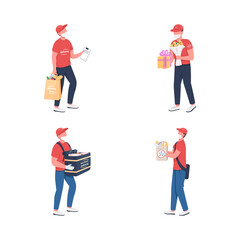 Delivery courier in mask flat color vector faceless character set. Food, product carrier. Lockdown shipment services isolated cartoon illustration for web graphic design and animation collection