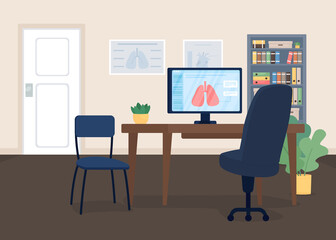 Respiratory doctor office flat color vector illustration. Pulmonology, pneumology checkup. Clinical diagnostic. Chest medicine. Hospital 2D cartoon interior with physician desk on background