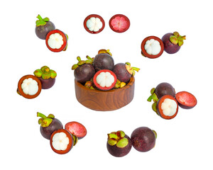 Collections of sweet Purple Mangosteens fruit isolated, clipping path, white background