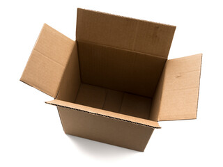 Opened empty cardboard box isolated on white background