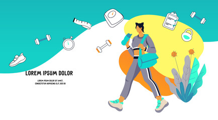 Sport and fitness, healthy active lifestyle banner with a woman in sportswear going to a sports workout. Fitness and weight loss concept for web and print, flat vector illustration background.