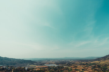 beautiful blue sky high peak mountains mist fog wildlife green forest at Khao Koh, Phu Tub Berk, Phetchabun, Thailand guiding idea long weekend for backpacker camping campfire relaxing hiking