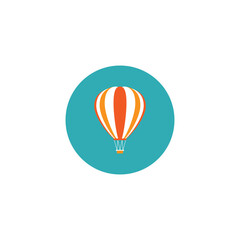 Orange hot air balloon flying in the blue sky with clouds. Flat cartoon design.
