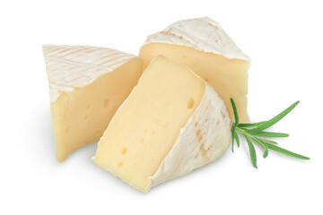 Camembert cheese with rosemary isolated on white background with clipping path and full depth of field
