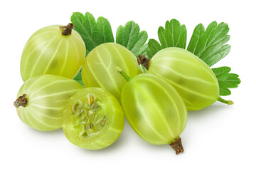 Green gooseberry with half isolated on white background with clipping path and full depth of field