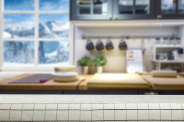 Desk of free space and kitchen interior 