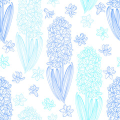 Seamless vector pattern with hyacinths on white. Floral art background. Perfect for design templates, wallpaper, wrapping, fabric and textile. Outline.