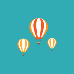 Fototapeta premium Orange hot air balloons flying in the blue sky. Flat cartoon design.