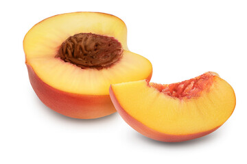 Ripe peach fruit half isolated on white background with clipping path and full depth of field