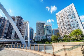 Modern tall buildings and bridge, Guiyang city landscape, China.