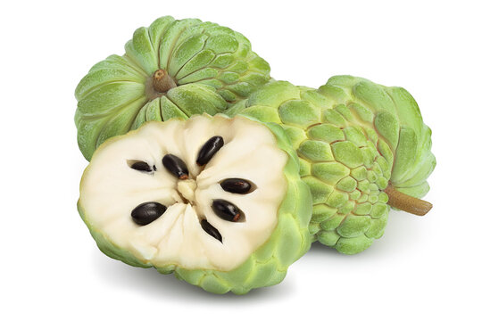 Sugar apple or custard apple isolated on white background with clipping path and full depth of field. Exotic tropical Thai annona or cherimoya fruit
