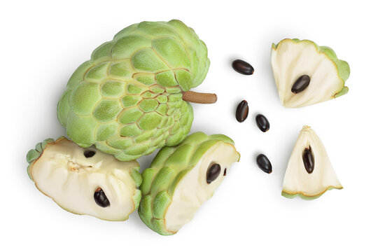 Sugar apple or custard apple isolated on white background with clipping path. Exotic tropical Thai annona or cherimoya fruit. Top view. Flat lay